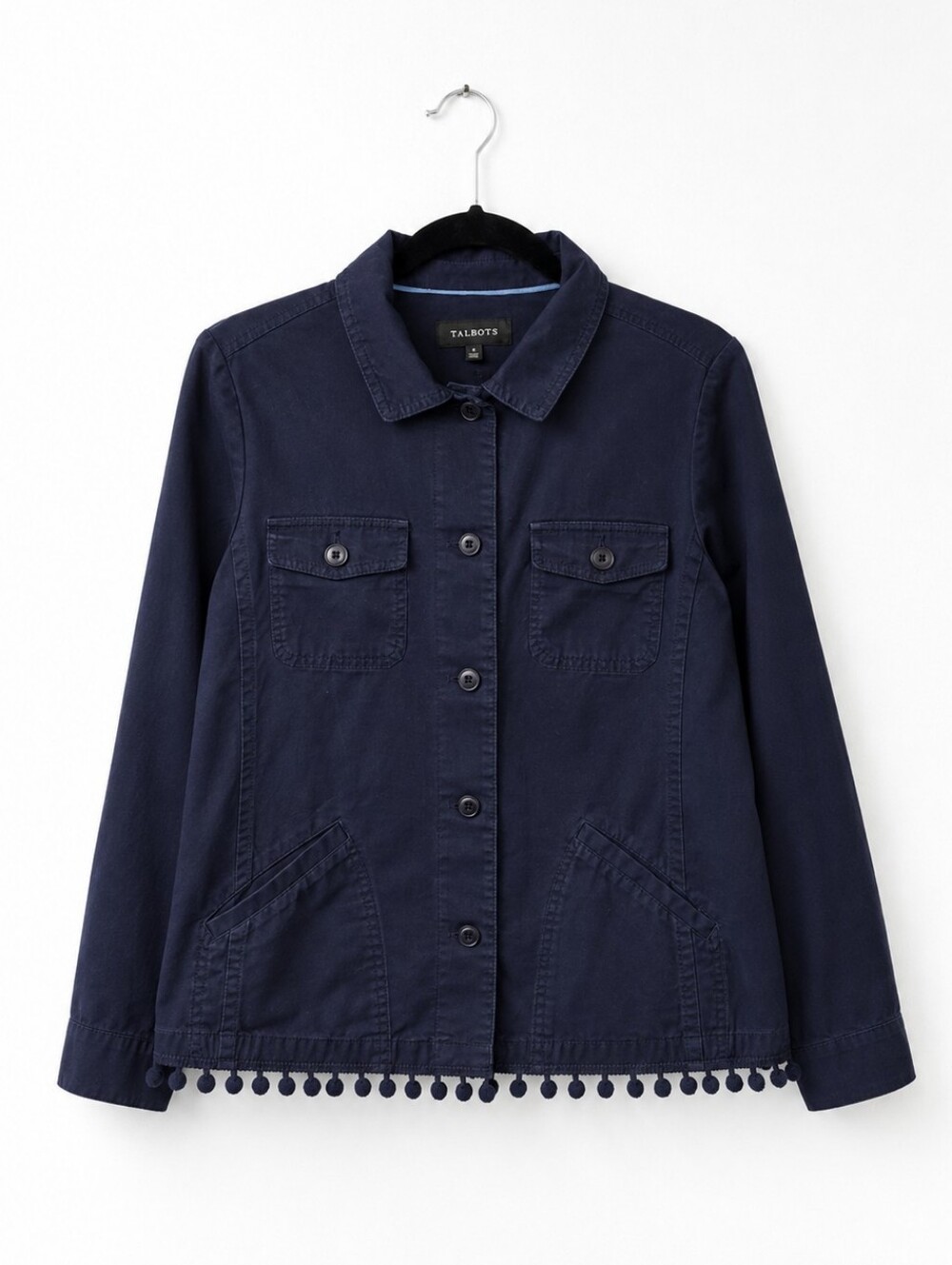 Talbots Pom Pom Trim Utility Jacket Navy Cotton Military Chore Jacket Medium